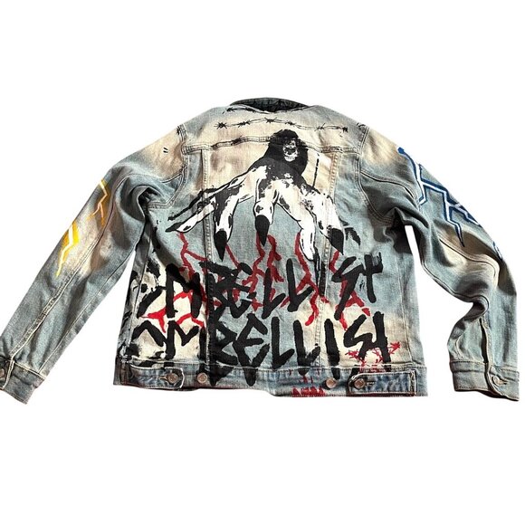 Unisex "Embellish" Custom Painted Distressed Denim Jacket With Painted Graphics - Picture 1 of 16